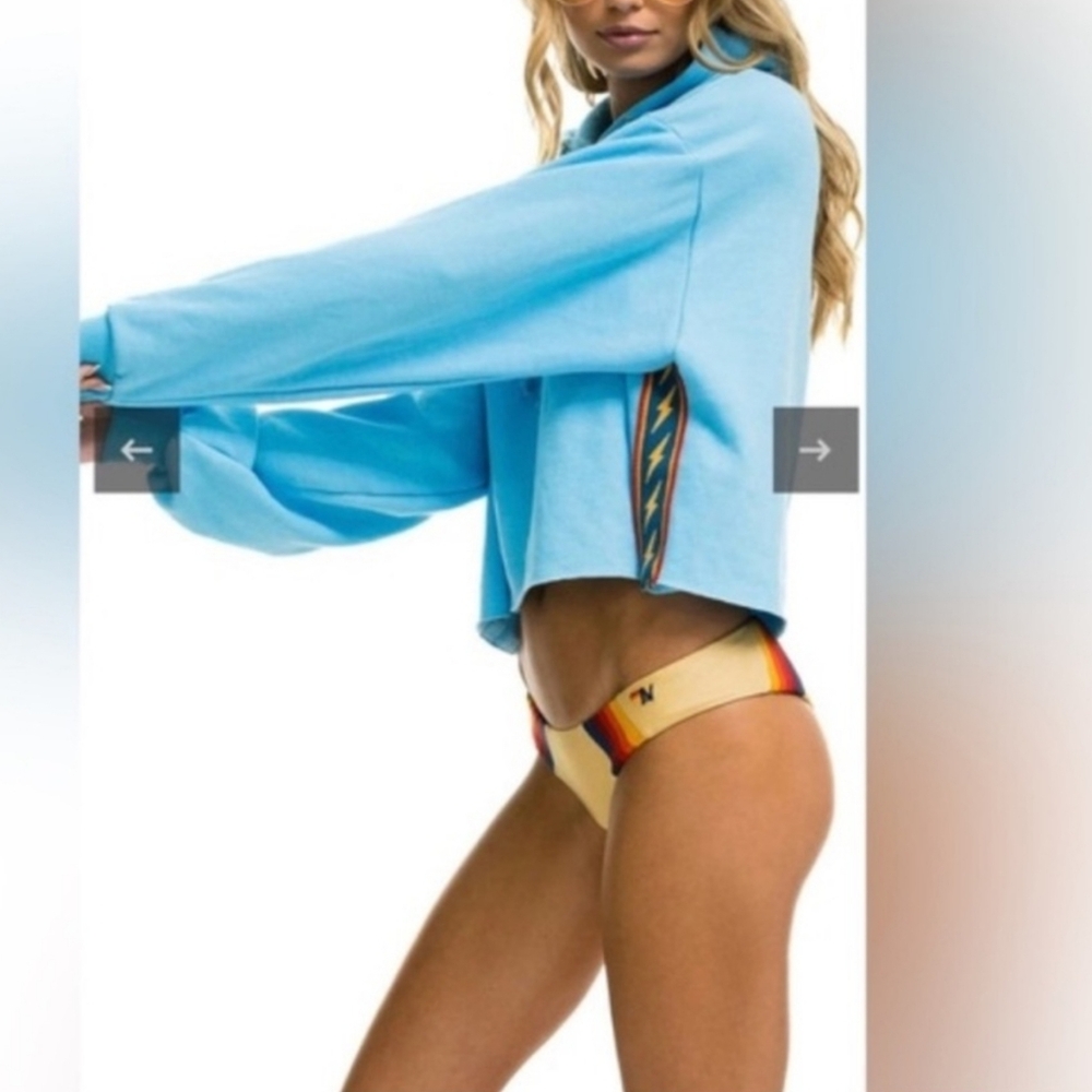 Aviator Nation Bolt Stripe Relaxed Cropped Hoodie Sweatshirt Sky Blue Large - Picture 3 of 14